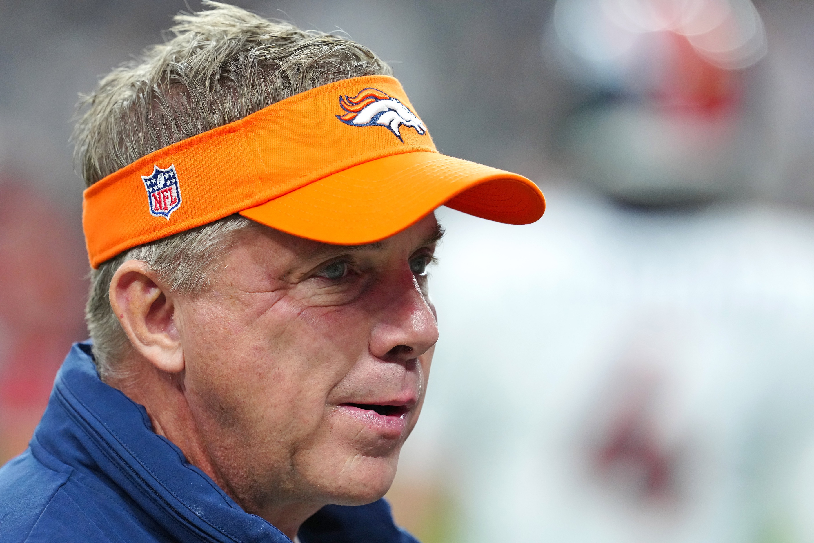 Denver Broncos head coach Sean Payton walks on the field before the start of a game against the Las Vegas Raiders at Allegiant Stadium.